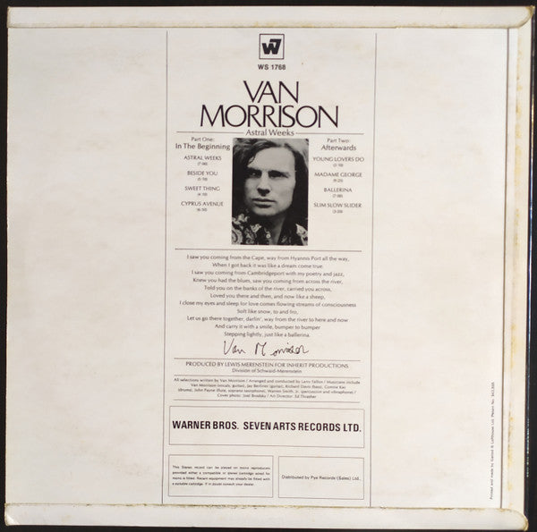Image of Back Cover of 4745148S: LP - VAN MORRISON, Astral Weeks (WB Orange; WS 1768, UK 1969, Laminated Flipback Sleeve, 1st Press, W7 Music on Labels) Nice intact sleeve with edge wear and some creasing. Name written lightly on back cover. Disc plays through nicely with very quiet surface noise, strong G+.   VG/G+