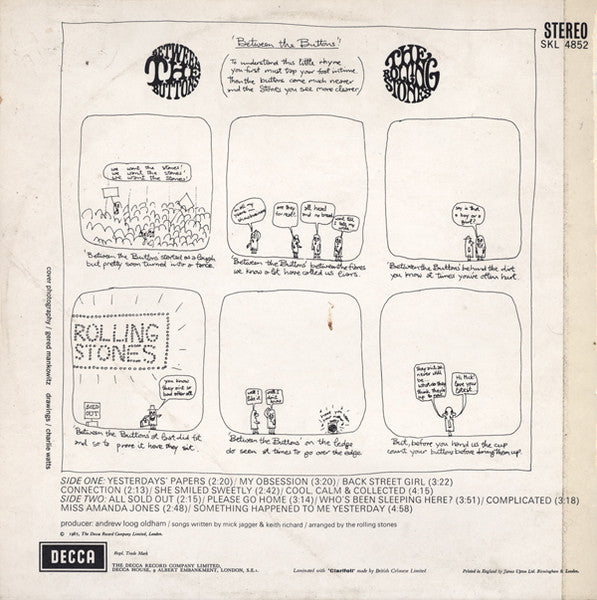 Image of Back Cover of 4744094S: LP - THE ROLLING STONES, Between The Buttons (Decca Blue Boxed; SKL4852, UK 1970 Reissue, Laminated Front Sleeve, Stereo) Lovely LP, still in opned shrinkwrap, slight crinkle to front cover, in Decca poly-lined paper inner  VG+/VG+