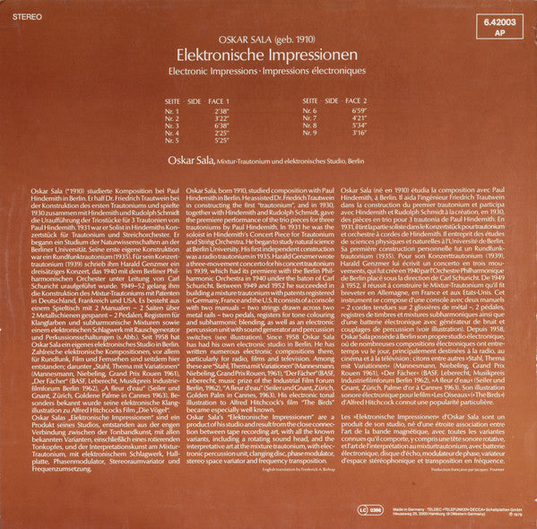 Image of Back Cover of LP - VG+/EX - OSKAR SALA, Elektronische Impressionen (Telefunken; 6.42003AP, Germany 1979), Cut-out (Hole punched), "PSI" Stamped In Gold Ink On Rear Sleeve,  - 2225269E