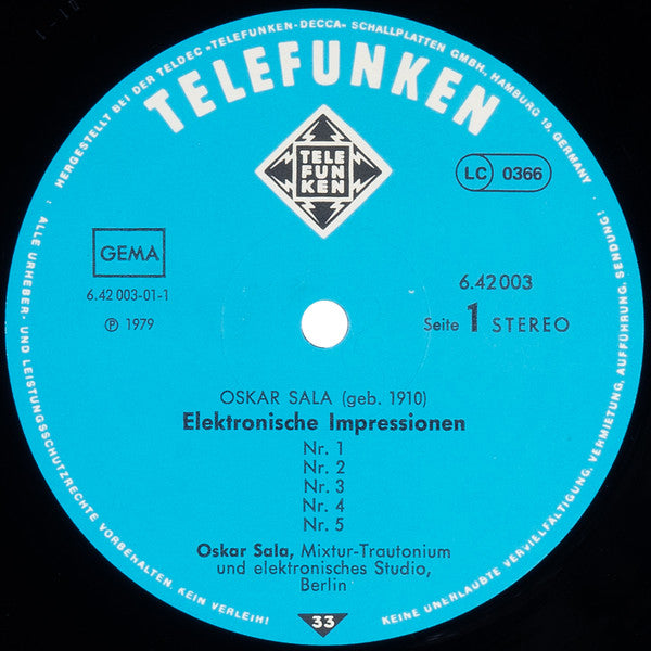 Image of Label Cover of LP - VG+/EX - OSKAR SALA, Elektronische Impressionen (Telefunken; 6.42003AP, Germany 1979), Cut-out (Hole punched), "PSI" Stamped In Gold Ink On Rear Sleeve,  - 2225269E