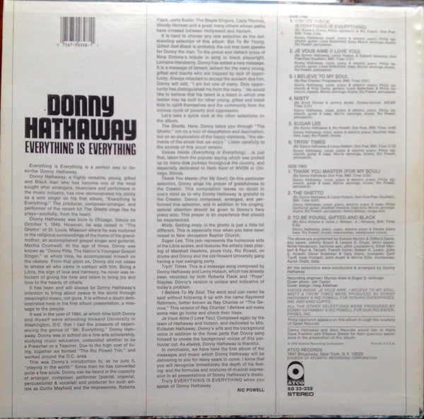 Image of Back Cover of LP - VG+/VG - DONNY HATHAWAY, Everything is Everything (Atlantic; SD 33-332, US 1980s Reissue), ,  - 2326119E