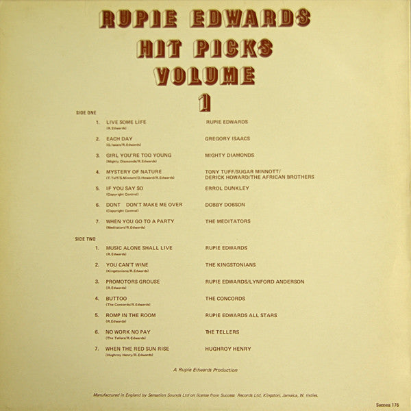 Image of Back Cover of LP - VG/VG - RUPIE EDWARDS (VARIOUS ARTISTS), Hit Picks Volume 1 (Success; Success 176, UK 1980s), Light marks only.,  - 2716115C