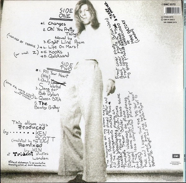 Image of Back Cover of LP - EX/EX - DAVID BOWIE, Hunky Dory (EMI; EMC3572, UK 1990 Reissue, Gatefold), Stickered Sleeve,  - 2526188E