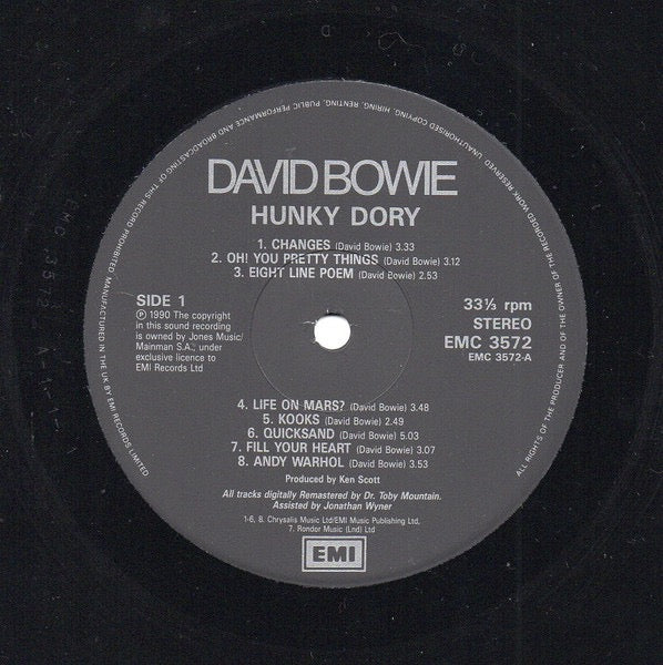 Image of Label Cover of LP - EX/EX - DAVID BOWIE, Hunky Dory (EMI; EMC3572, UK 1990 Reissue, Gatefold), Stickered Sleeve,  - 2526188E