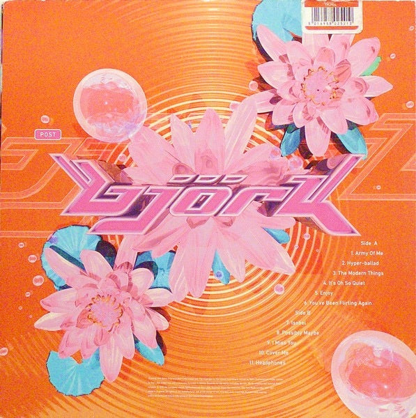 Image of Back Cover of LP - G+/VG - BJORK, Post (One Little Indian; TPLP51, UK 1995, Stickered Sleeve, Inner, Pink Vinyl), Couple of light scratches, still in opened shrinkwrap with seal sticker (sliced open), top left corner of sleeve & Inner badly damaged & split,  - 4046047S