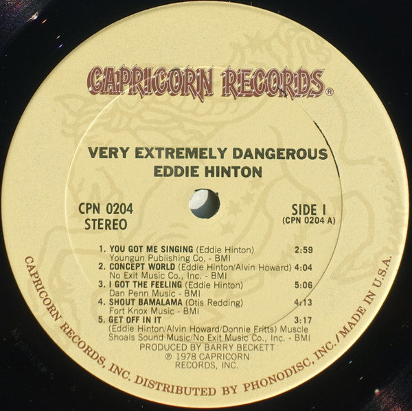 Image of Label Cover of LP - VG/VG - EDDIE HINTON, Very Extremely Dangerous (Capricorn; CPN0204, US 1978, Company Inner), Cut-out strip on spine. ,  - 0726014E