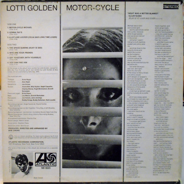 Image of Back Cover of 4725105E: LP - LOTTI GOLDEN, Motor-Cycle (Atlantic; SD8223, US 1969, Insert) Strong VG, Cut-out (Hole punched), Ring Wear  VG/VG
