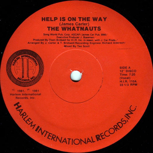 Image of Front Cover of 5025027E: 12" - WHATNAUTS, Help Is On The Way (Harlem International; H.I.R. 110, US 1981, Plain Sleeve, Runout area both sides [machine-stamped]): MASTERING BY FRANKFORD/WAYNE NEW YORK)   /VG