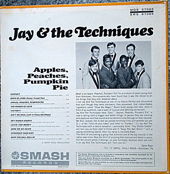 Image of Back Cover of 2324080E: LP - JAY & THE TECHNIQUES, Apples, Peaches, Pumpkin Pie (Smash; MGS 27095, US 1967, Pasteback Sleeve, Mono) Split Seam  VG/VG+