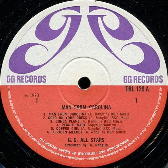 Image of Label Cover of LP - VG/VG - G.G. ALL STARS, Man From Carolina (GG's Records / Trojan Records; TBL 129, UK 1970, Laminated Front Sleeve), Conservative grading, nice copy. Signs of ringwear on back sleeve.,  - 2916052C