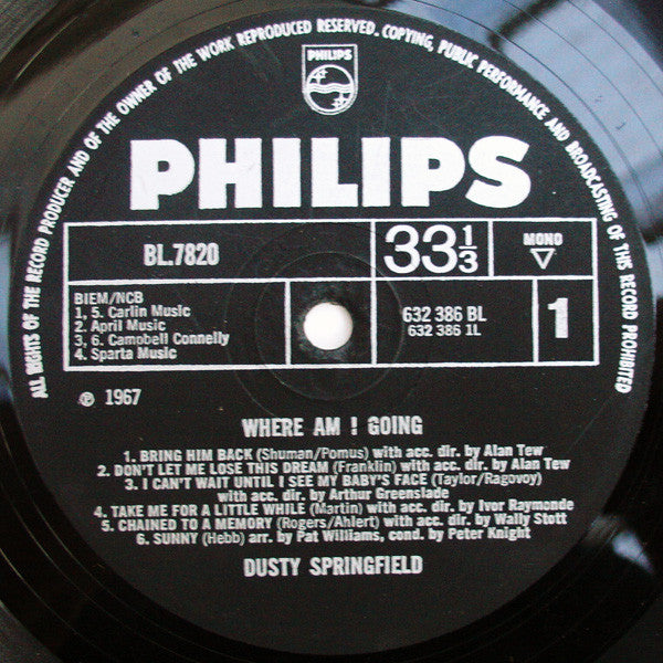 Image of Label Cover of 1314349C: LP - DUSTY SPRINGFIELD, Where Am I Going (Philips; BL 7820, UK 1967, Laminated Flipback Sleeve, Mono) Strong VG. Discoloured sleeve.  VG/VG