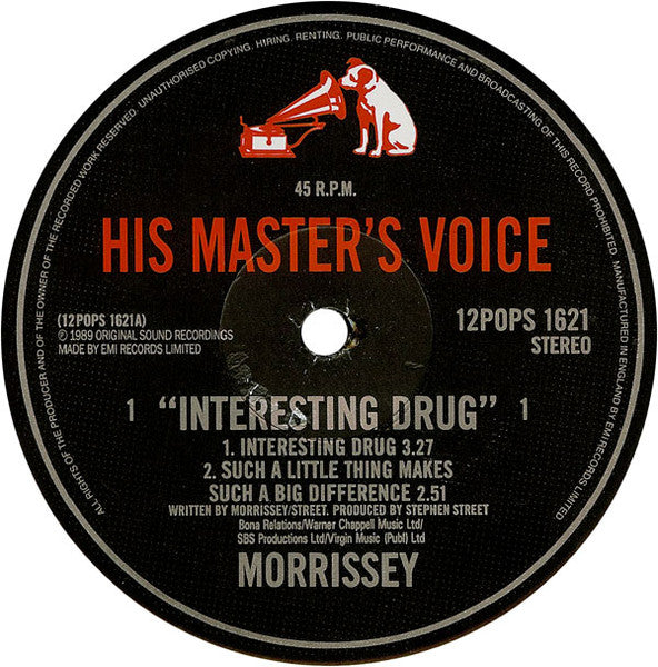 Image of Label Cover of 12" - VG/VG+ - MORRISSEY, Interesting Drug (HMV; 12POPS1621, UK 1989, Etched Disc), ,  - 3126111E