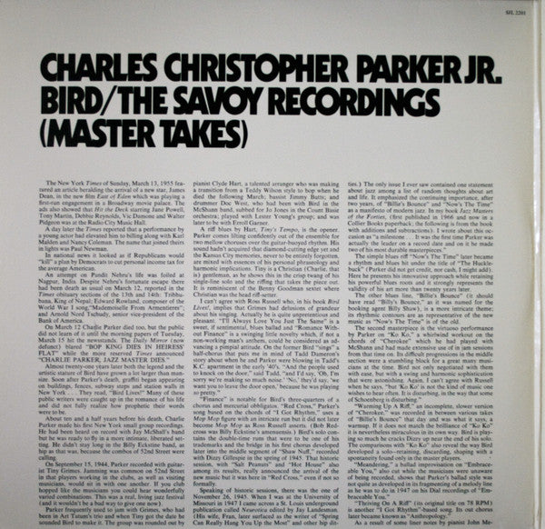 Image of Back Cover of 2xLP - VG/VG - CHARLIE PARKER, Bird / The Savoy Recordings (Master Takes) (Savoy; SJL 2201, US 1976, Gatefold), ,  - 3026192E