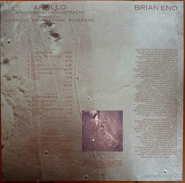 Image of Back Cover of LP - VG/VG+ - BRIAN ENO WITH DANIEL LANOIS & ROGER ENO, Apollo - Atmospheres & Soundtracks (EG; EGLP 53, UK 1983, No Inner), Corner wear and some light edge creasing. ,  - 2626285E