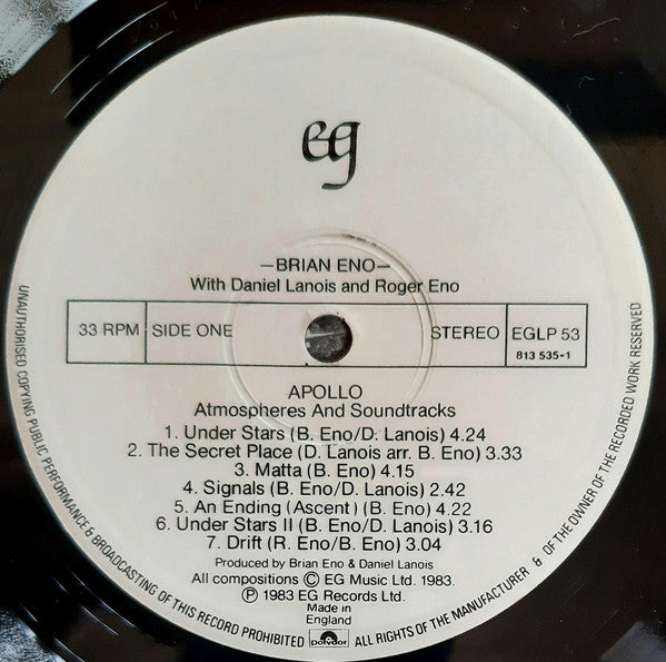 Image of Label Cover of LP - VG/VG+ - BRIAN ENO WITH DANIEL LANOIS & ROGER ENO, Apollo - Atmospheres & Soundtracks (EG; EGLP 53, UK 1983, No Inner), Corner wear and some light edge creasing. ,  - 2626285E