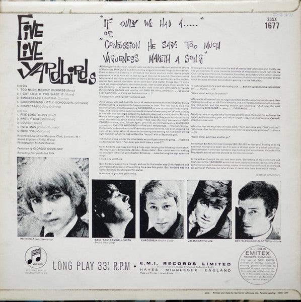 Image of Back Cover of LP - G+/VG+ - YARDBIRDS, Five Live (Columbia Blue/Black; 33SX 1677, UK 1964, Laminated Flipback Sleeve, Mono), Strong G+ cover with light creasing on front. Moisture stains and marks on back cover.,  - 2446027S
