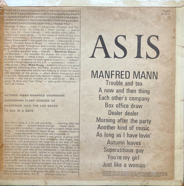 Image of Back Cover of 3624140E: LP - MANFRED MANN, As Is (Fontana; TL5377, UK 1966, Flipback Alcove Sleeve, Mono)   VG/G+