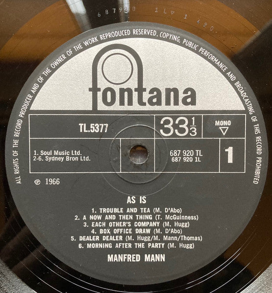 Image of Label of 3624140E: LP - MANFRED MANN, As Is (Fontana; TL5377, UK 1966, Flipback Alcove Sleeve, Mono)   VG/G+