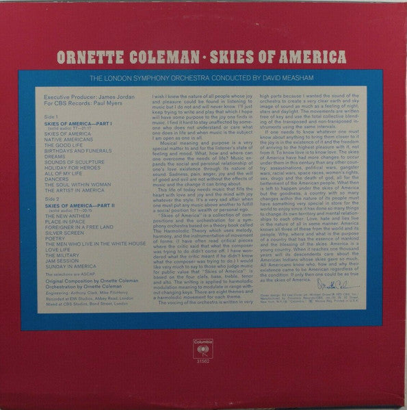 Image of Back Cover of LP - VG/VG - ORNETTE COLEMAN, Skies of America (Columbia Red Label/Yellow Text; KC 31562, US 1972, Pasteback Sleeve), Strong VG,  - 4146073S