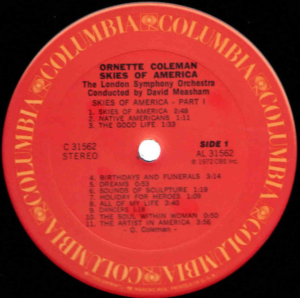 Image of Label Cover of LP - VG/VG - ORNETTE COLEMAN, Skies of America (Columbia Red Label/Yellow Text; KC 31562, US 1972, Pasteback Sleeve), Strong VG,  - 4146073S