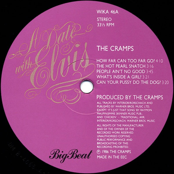 Image of Label Cover of LP - VG/G - THE CRAMPS, A Date With Elvis (Big Beat; WIKA46, UK 1986, Gold Embossed Sleeve, Inner), Sleeve & inner creased.,  - 3816583C