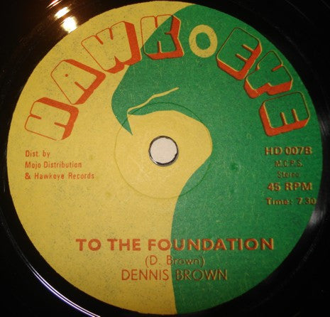 Image of Back Cover of 12" - VG/G+ - DENNIS BROWN & TRINITY, Funny Feeling / To The Foundation (Hawkeye; HD 007, UK 1978, Hawkeye Company Sleeve), Light marks ony, but plays with a bit of background throughout. Clean labels, in company sleeve.,  - 2446103S