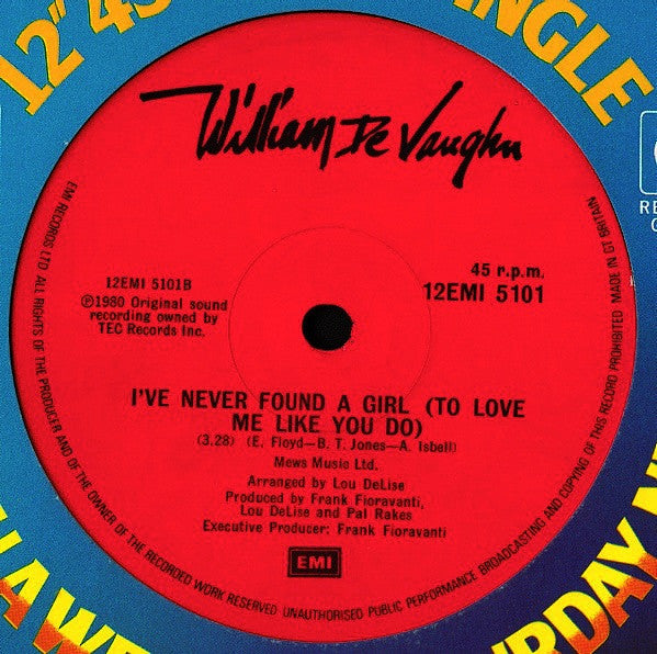 Image of Back Cover of 12" - /G+ - WILLIAM DEVAUGHN, Be Thankful For What You've Got / I've Never Found A Girl (To Love Me Like You Do) (EMI; 12EMI 5101, UK 1980), Marks on disc. Plays above grade.,  - 4326174E