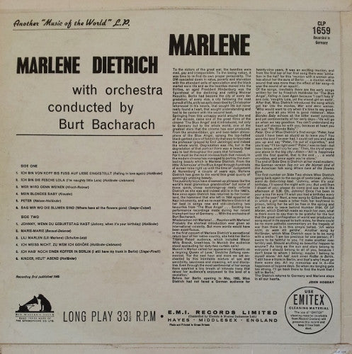 Image of Back Cover of LP - VG/VG - MARLENE DIETRICH, Returns To Germany (HMV; CLP1659, UK 1962, Laminated Flipback Sleeve), With Concert Programme from 1964,  - 0926267E