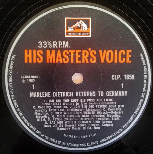 Image of Label Cover of LP - VG/VG - MARLENE DIETRICH, Returns To Germany (HMV; CLP1659, UK 1962, Laminated Flipback Sleeve), With Concert Programme from 1964,  - 0926267E