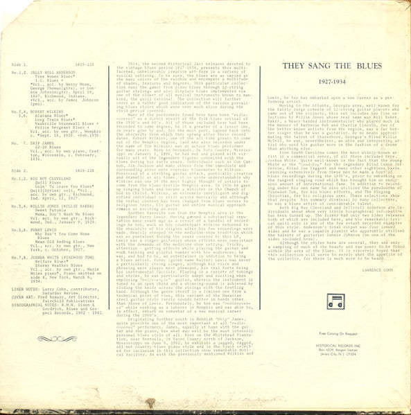 Image of Back Cover of LP - VG/VG - VARIOUS, They Sang The Blues 1927-1934 (Historical Records "Faun" Labels; 5829-22, US Reissue, No Insert), ,  - 3516201C