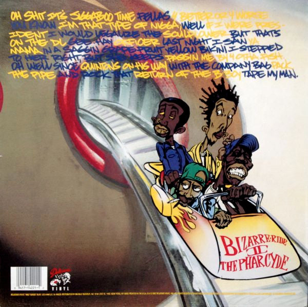 Image of Back Cover of 0225004E: 2xLP - THE PHARCYDE, Bizarre Ride II The Pharcyde (Delicious Vinyl; 14221-1, US 1992, Stickered Sleeve, Insert, Blue & Yellow Vinyl, Limited Edition) Corner/edgewear, sligjt bend top edge. Couple of faint hairlines. No hype sticker.  VG/VG+