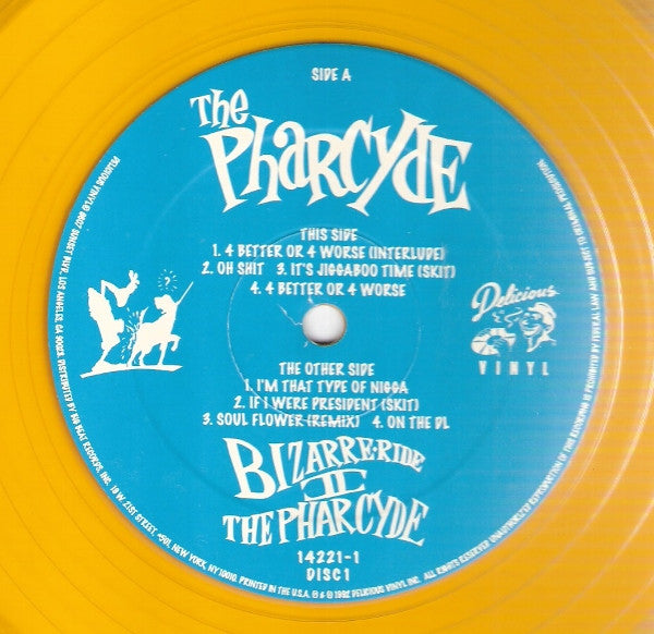 Image of Label Cover of 0225004E: 2xLP - THE PHARCYDE, Bizarre Ride II The Pharcyde (Delicious Vinyl; 14221-1, US 1992, Stickered Sleeve, Insert, Blue & Yellow Vinyl, Limited Edition) Corner/edgewear, sligjt bend top edge. Couple of faint hairlines. No hype sticker.  VG/VG+