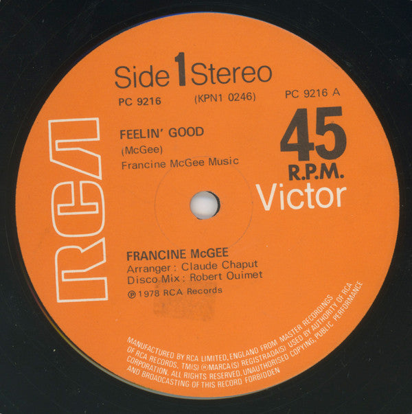 Image of Back Cover of 4644307S: 12" - FRANCINE MCGEE, Feelin' Good / Delirium (RCA Victor; PC 9216, UK 1978, Company Sleeve) Strong VG, light hairlines. Writing on label, light edge and ring wear to company sleeve.  VG/VG