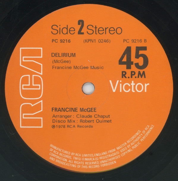 Image of Label Cover of 4644307S: 12" - FRANCINE MCGEE, Feelin' Good / Delirium (RCA Victor; PC 9216, UK 1978, Company Sleeve) Strong VG, light hairlines. Writing on label, light edge and ring wear to company sleeve.  VG/VG