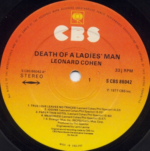 Image of Label Cover of LP - VG/G - LEONARD COHEN, Death of a Ladies Man (CBS Orange/Yellow; 86042, UK 1977, Gatefold), ,  - 2826375E