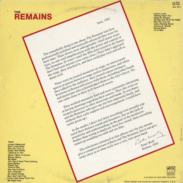 Image of Back Cover of 2xLP - VG/VG - REMAINS, Remains (Fan Club; FC 012, France 1985, Gatefold, 2 Inners), ,  - 2526328E