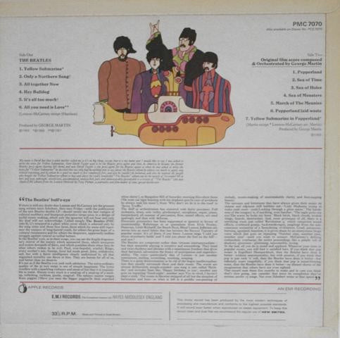 Image of Back Cover of 3645256S: LP - THE BEATLES, Yellow Submarine (Apple; PMC7070, UK 1969, Laminated Flipback Sleeve, Black Inner, Mono, Red Lines on Back Cover, XEX 715-1 / 716-1 Matrix, 1st Press) Discolouring To White parts Of Sleeve  VG/VG