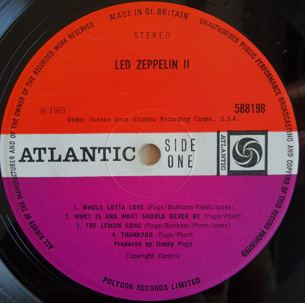 Image of Label Cover of 4644195S: LP - LED ZEPPELIN, II (Atlantic Plum & Orange; 588 198, UK 1969, Gatefold, THANKYOU misprint) Heavy hairlines, scuffs and light scratches but none too deep, edge and ring wear, sticker damage, top edge seam split two thirds across, corner wear  G/G