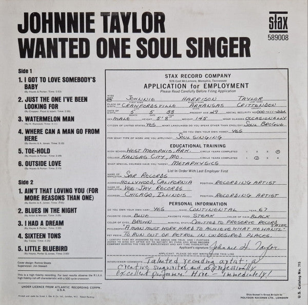 Image of Back Cover of LP - VG/VG - JOHNNIE TAYLOR, Wanted One Soul Singer (Stax Blue Label; 589008, UK 1967, Laminated Front Sleeve), Light Marks only. Strong VG,  - 2846155S