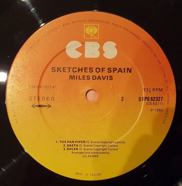 Image of Label Cover of LP - VG/VG+ - MILES DAVIS, Sketches of Spain (CBS Orange/Yellow; 62327, UK 1970s Reissue, Laminated Front Sleeve), ,  - 4146058S