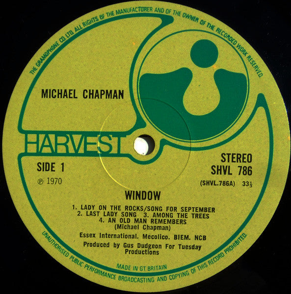 Image of Label Cover of LP - G+/VG+ - MICHAEL CHAPMAN, Window (Harvest Green, Gramophone Co On Rim, No EMI Box, ; SHVL786, UK 1970, Textured Gatefold Sleeve), Company Inner, 2 Inch By 1 Inch Sticker Tear On Front Sleeve,  - 0626143E
