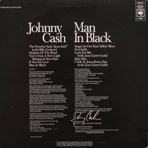 Image of Back Cover of LP - VG/VG - JOHNNY CASH, Man In Black (CBS Orange Labels; S 64331, UK 1971, Black Inner), Strong VG,  - 3316527C