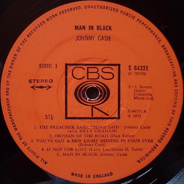Image of Label Cover of LP - VG/VG - JOHNNY CASH, Man In Black (CBS Orange Labels; S 64331, UK 1971, Black Inner), Strong VG,  - 3316527C