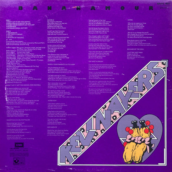Image of Back Cover of LP - VG/VG - KEVIN AYERS, Bananamour (Harvest Green, Gramophone Co On Rim, EMI Box; SHVL807, UK 1973, Textured Gatefold), Strong VG, only a few light hairlines. Corner crease, light edge and ring wear.,  - 1446326S