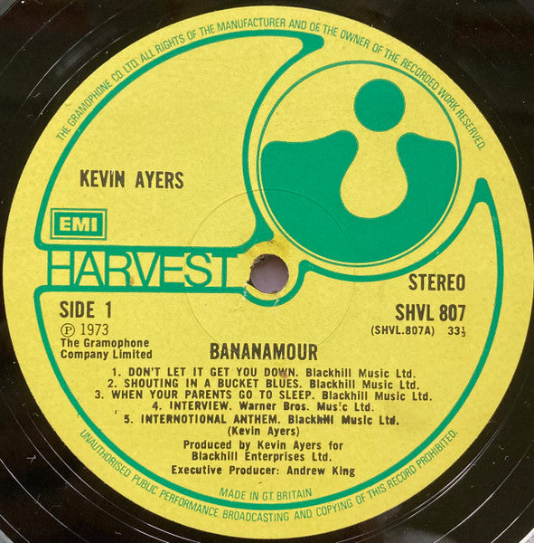 Image of Label Cover of LP - VG/VG - KEVIN AYERS, Bananamour (Harvest Green, Gramophone Co On Rim, EMI Box; SHVL807, UK 1973, Textured Gatefold), Strong VG, only a few light hairlines. Corner crease, light edge and ring wear.,  - 1446326S