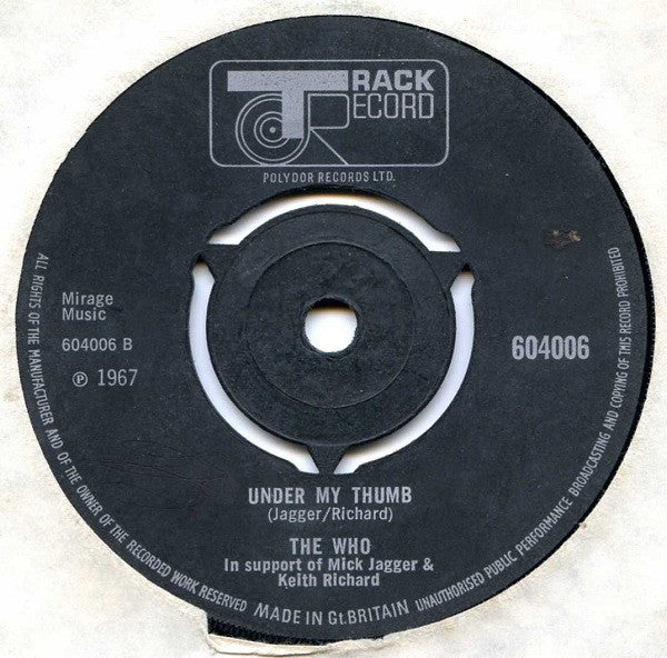 Image of Back Cover of 7" - /VG+ - THE WHO, Last Time / Under My Thumb (Track; 604006, UK 1967, Plain Sleeve), ,  - 4126510E