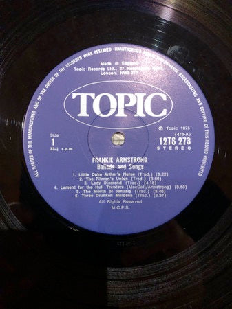 Image of Label Cover of 2614498C: LP - FRANKIE ARMSTRONG, Songs and Ballads (Topic Blue Label; 12TS273, UK 1975, Blue Topic Label) Some fogging to disc, Light ring wear  VG/VG