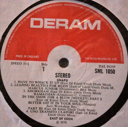 Image of Label Cover of LP - VG/VG+ - EAST OF EDEN, SNAFU (Deram; SML 1050, UK 1970, Laminated Front Sleeve, Stereo), Very Strong VG+, Damage To Rear Sleeve,  - 2826217E