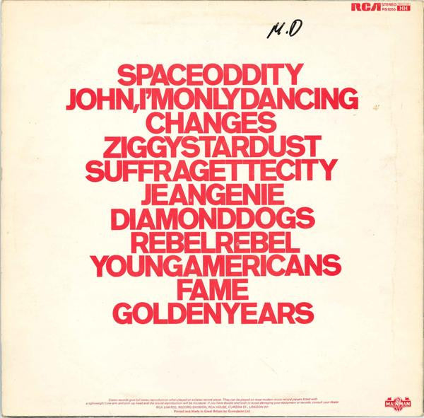 Image of Back Cover of LP - VG/VG+ - DAVID BOWIE, ChangesOneBowie (RCA Victor Orange; RS 1055, UK 1976, Stickered Sleeve. WITH MainMan on rear), A few hairlines. Some light sticker residue on front of cover. ,  - 2526444E