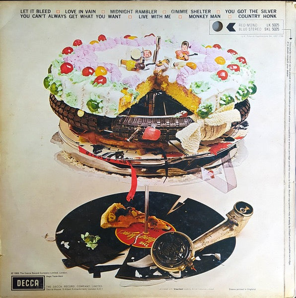 Image of Back Cover of LP - VG/G+ - ROLLING STONES, Let It Bleed (Decca Boxed Blue Labels With BIEM/NCB Left Aligned & (XZAL.9363) In Brackets; SKL 5025, UK 1970, Laminated Front Sleeve With Indicator Hole, Company Inner, Poster, Stereo), With clean poster, Light sleeve wear, Nick at lower edge, Disc has some light scuffy marks, Plays well, Some light surface noise in parts,  - 4316276C